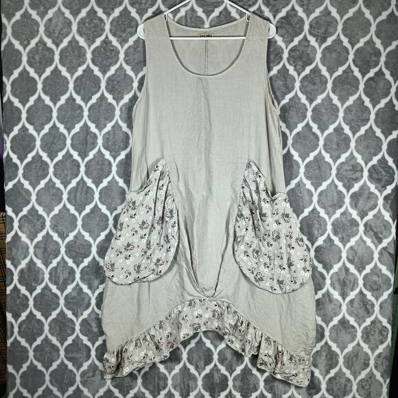 Tera Bora Cottage Dress Womens Small Beige Linen Floral Pockets Ruffle Prairie - Picture 1 of 11